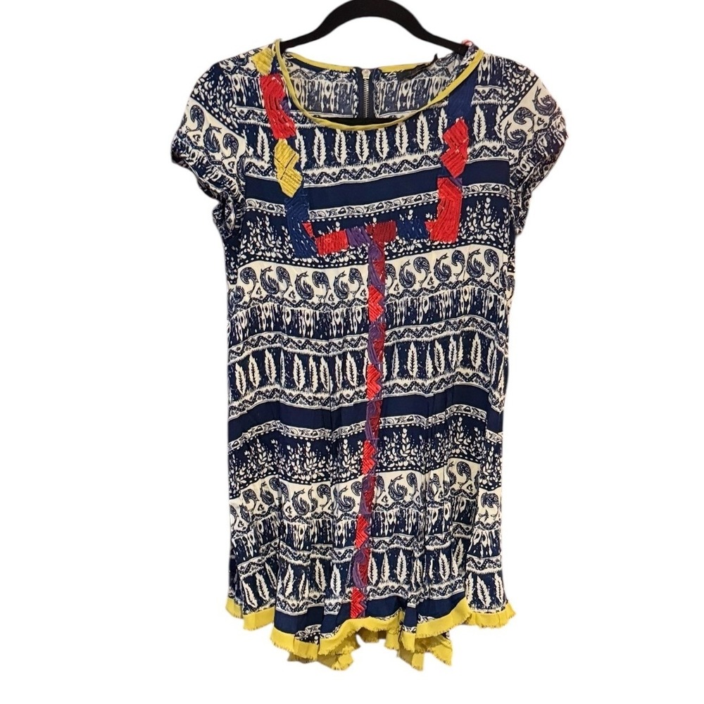 THML Womens Blue White Printed Embroidered Short Sleeve Dress Size M